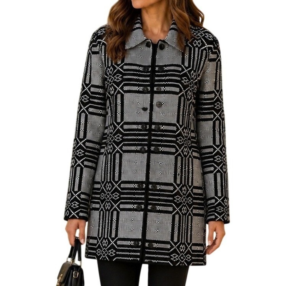 Vtg San Remo Laura Knits Large Black White Geometric Jacquard Cardigan Coat USA